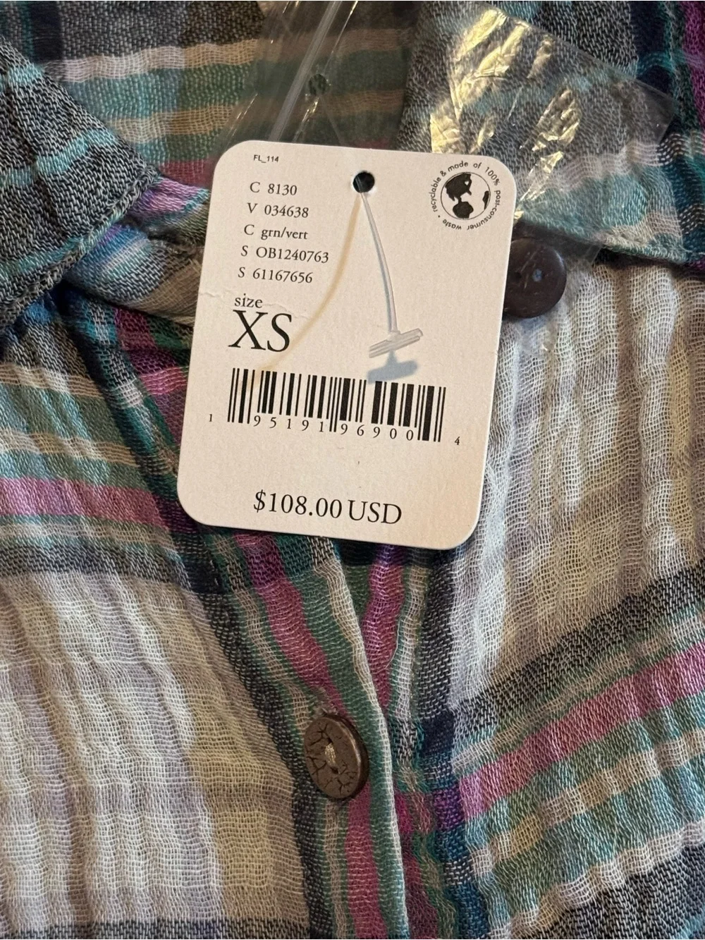 Free People Plaid Crinkle Gauze Babydoll Tunic Shirt XS NWT MSRP $108